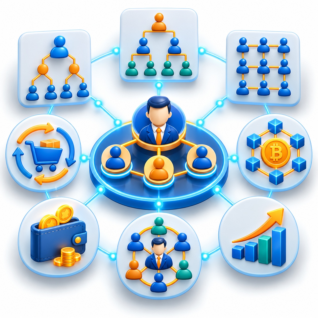 MLM Web Software dashboard illustration featuring members, sales, commission tracking and reporting