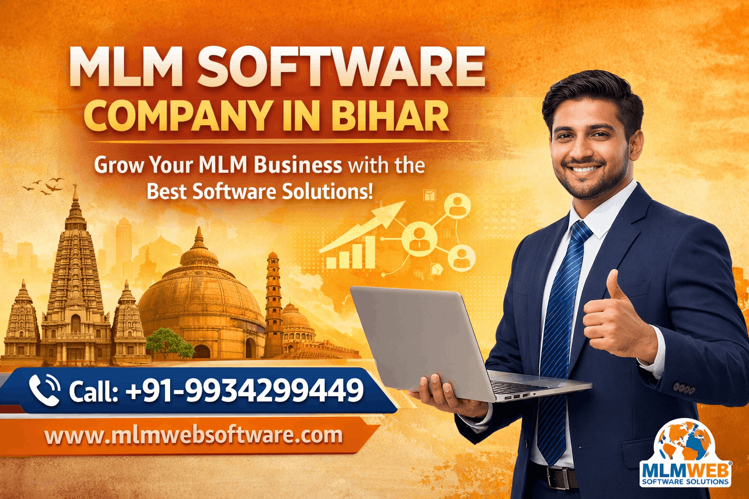 Custom MLM software and distributor dashboard illustration for Bihar businesses